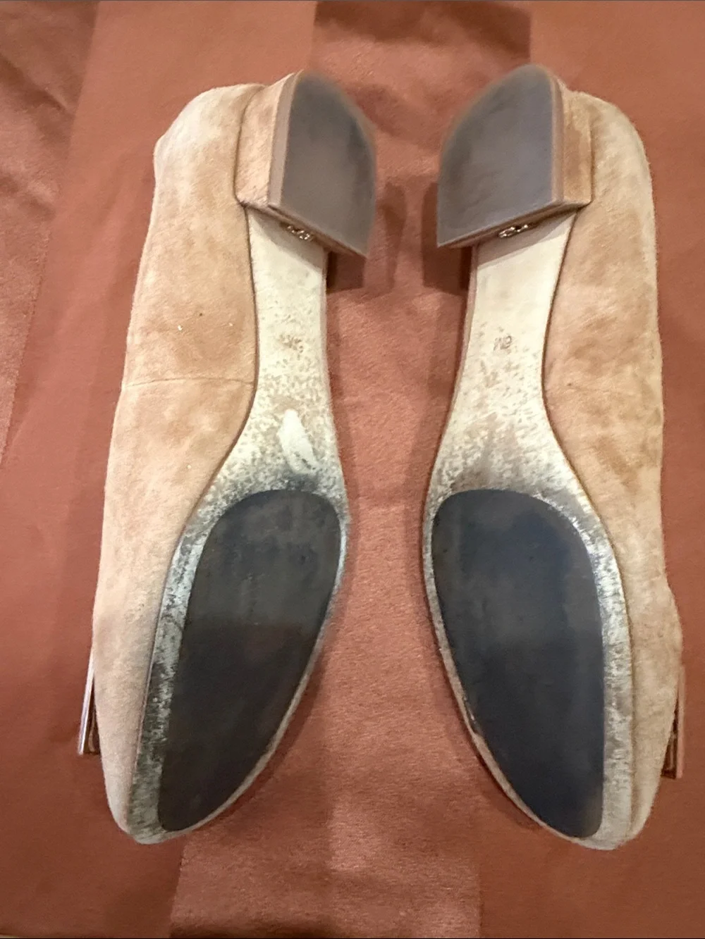 Tory Burch Blush Suede Logo Buckle Flats used condition.